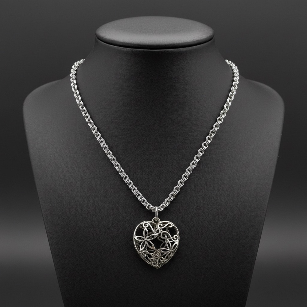 Vintage Avon Filigree Floral Heart Cage Pendant Necklace